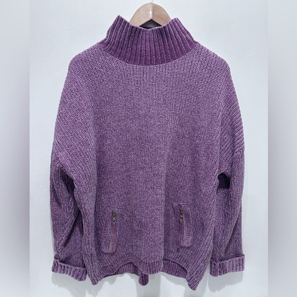 Elena Wang‎ Women’s Lavender Mock Neck Ribbed  Sweater with Front Pocket Size XL